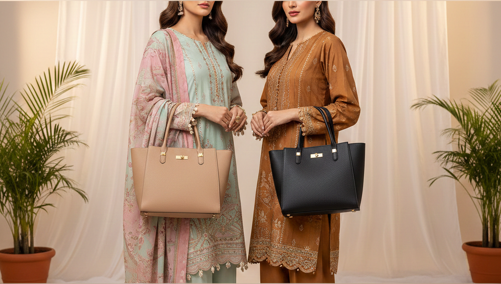 Two women holding handbags against a neutral background with plants on either side.